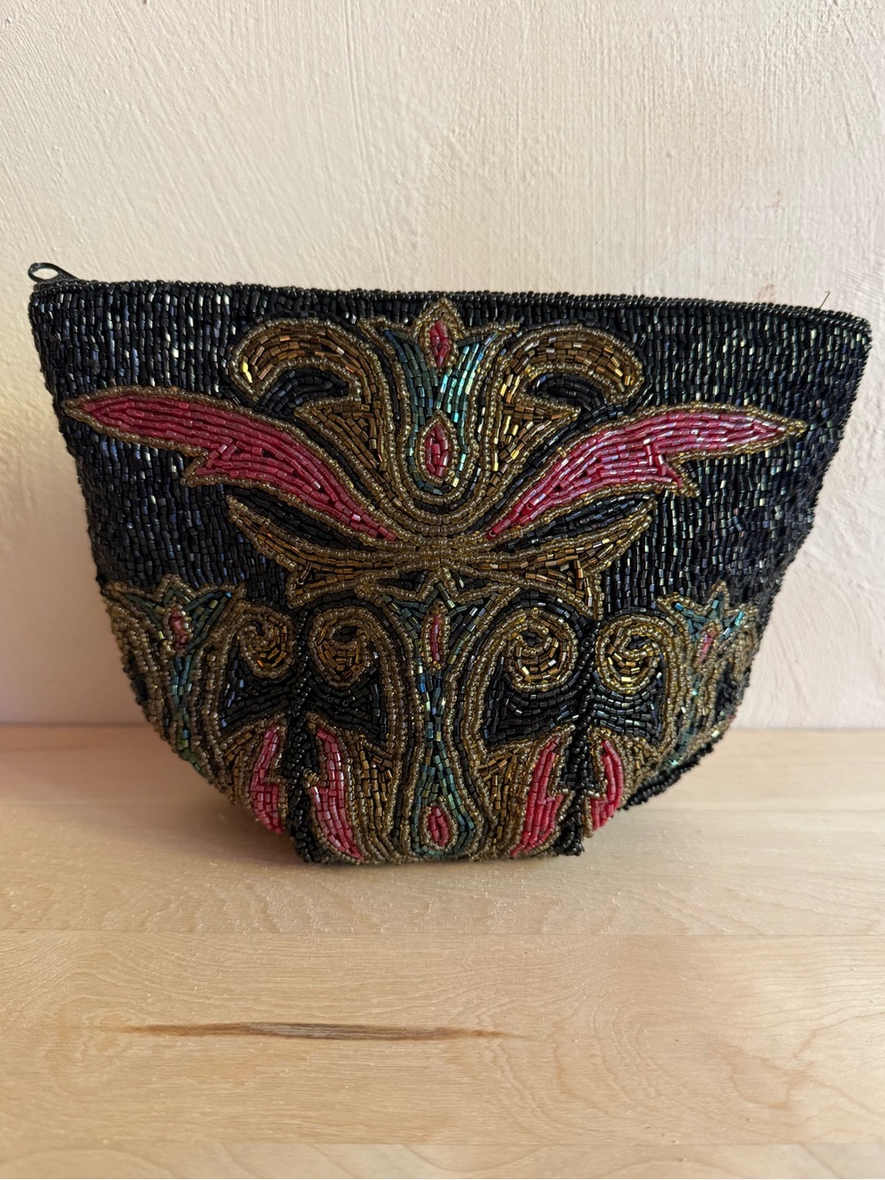 Vintage Art Deco Beaded Clutch Black Red Gold Bugle Bead Zip Evening Pouch